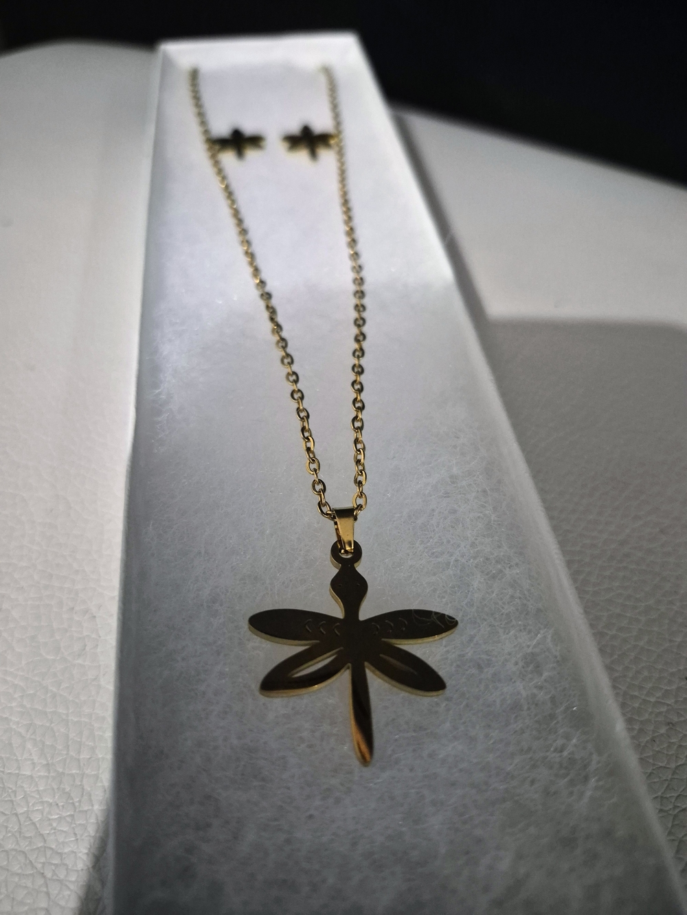 Stainless Steel Dragonfly Pendant Necklace and Stud Earrings - Women Jewelry